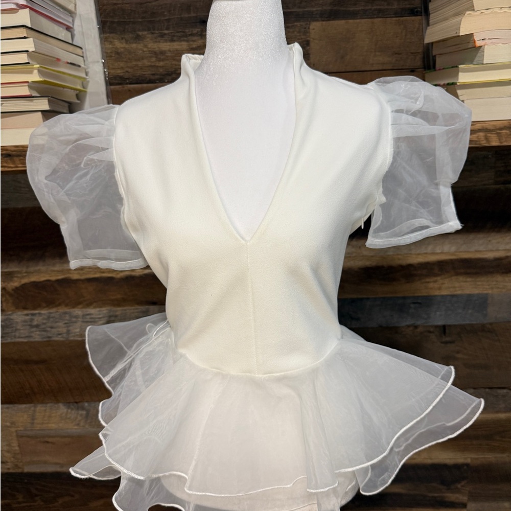 Valentine White Peplum Top with Sheer Organza Sleeves